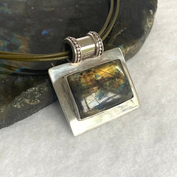 Sterling Silver 925 Chunky Rectangular Labradorite Slide Pendant Necklace 18" - Picture 6 of 16